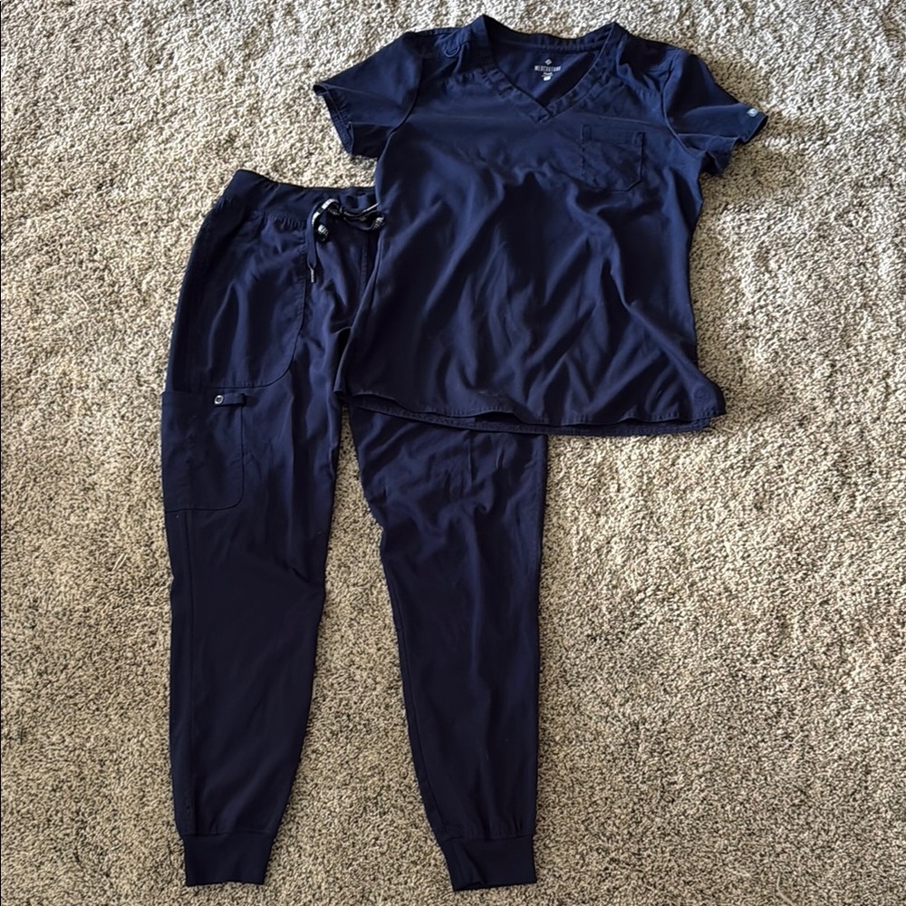 Med Couture Navy Blue Scrubs. Medium Top, Bottoms are Medium Tall. Gently Used